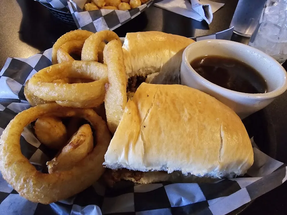 French Dip Sandwich with Onion Rings